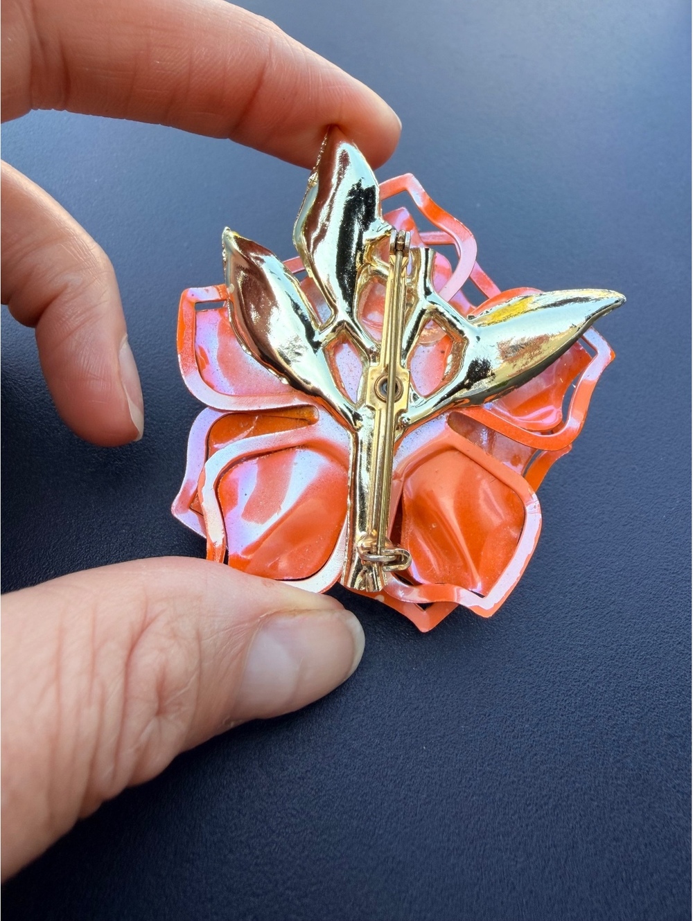 Vintage Iridescent Orange Enamel Flower Brooch Faux Pearl - Picture 5 of 6